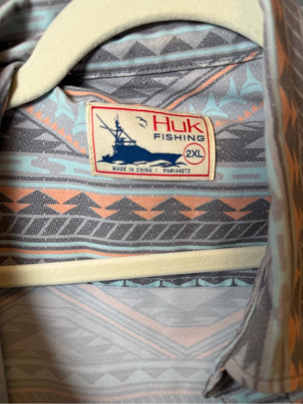 Huk Fishing Printed Button-Up Shirt in Gray, Teal & Coral